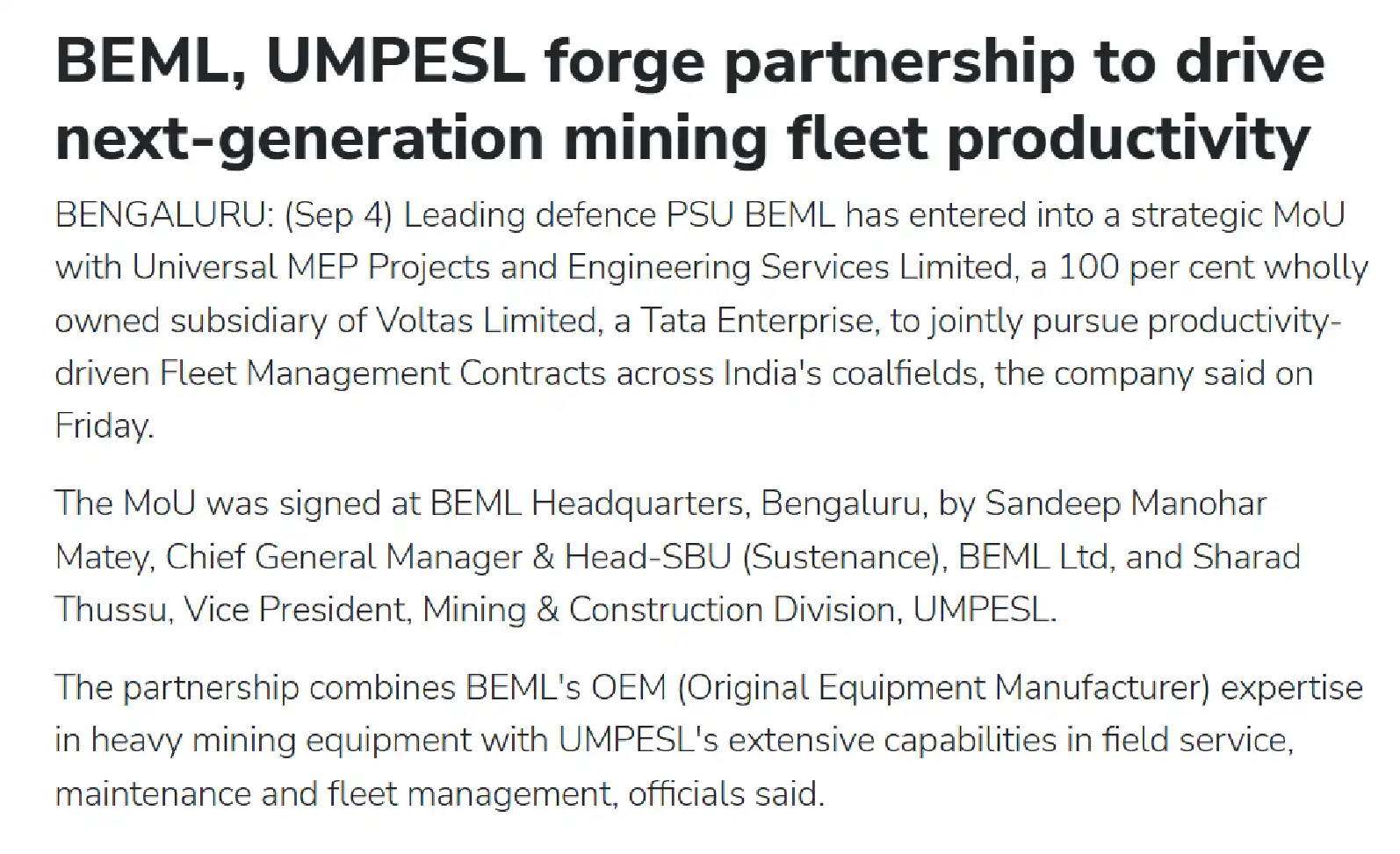 BEML, UMPESL forge partnership to drive next-generation mining fleet productivity
