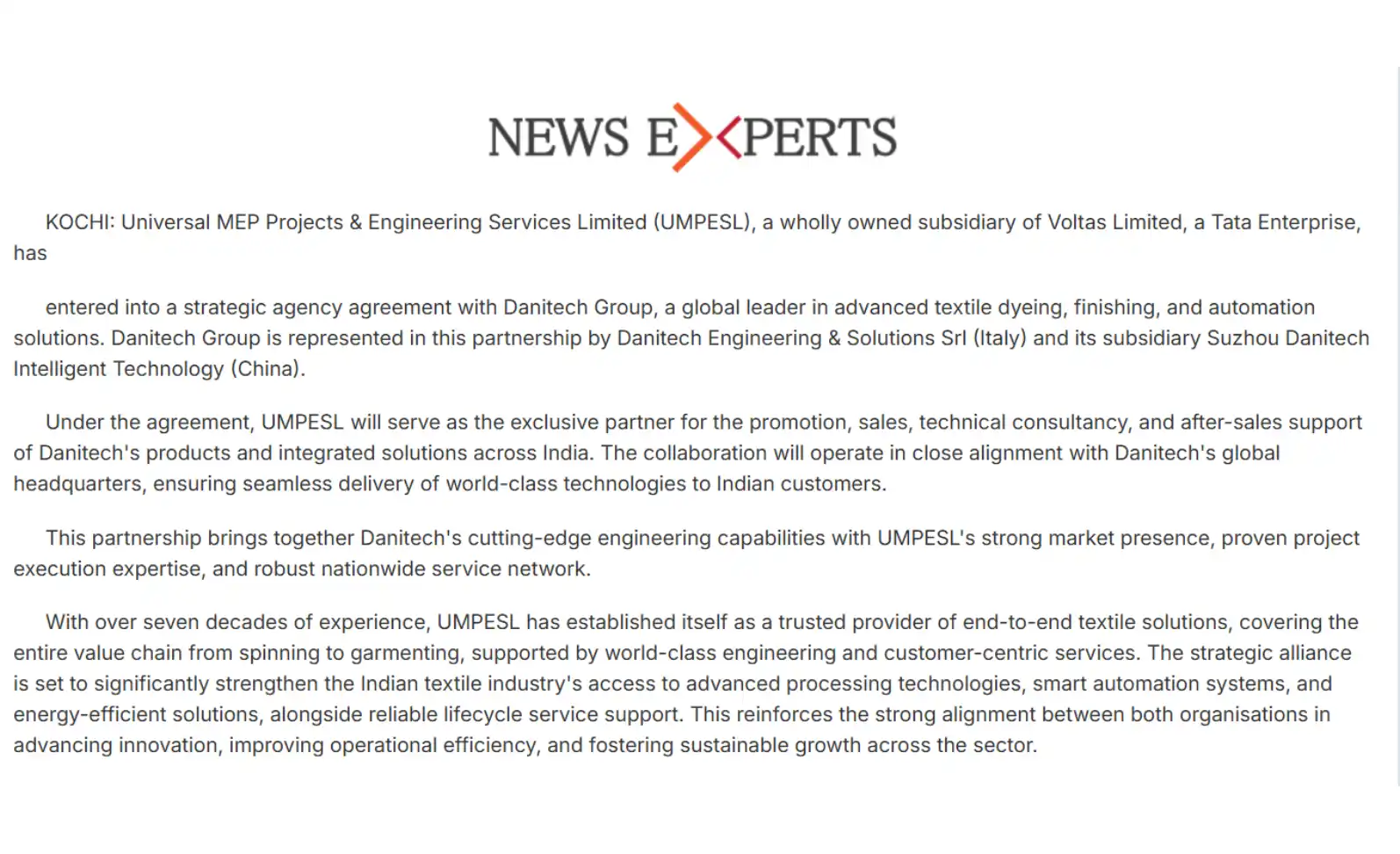 Voltas' Subsidiary UMPESL and DANITECH Forge Strategic Alliance